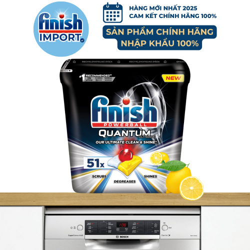 Hộp 51 viên Finish Quantum Ultimate hương chanh 2020, siêu cao cấp, 16 tính năng, dành cho máy rửa chén 13-15 bộ